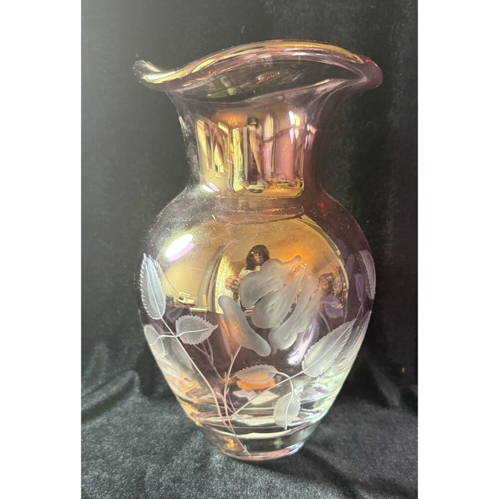Vase Floral Lavender Color Glass Etched Flowers Vintage